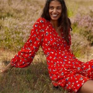 Maeve for Anthropologie Petunia Red Floral Print Wrap Mini Dress 2P